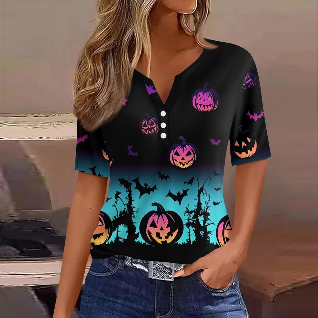 Women's T Shirt Tee Halloween Printed Button Short Sleeve Tunic Daily Weekend Fashion Basic V- Neck Regular Top