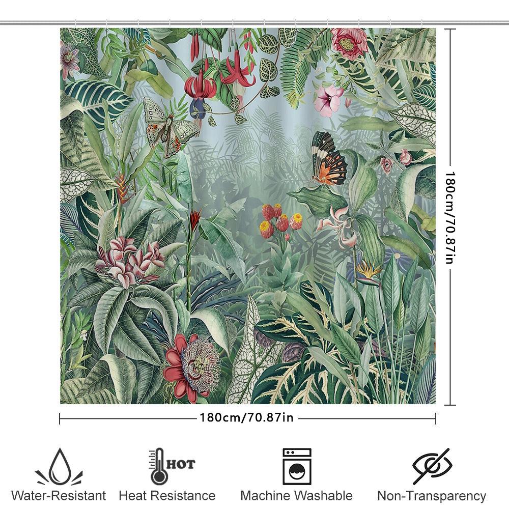 Botanical Shower Curtain Tropical Rainforest Leaves Plants Nature Scenic Backdrop Bathroom Decor Modern Farmhouse Style Waterpro