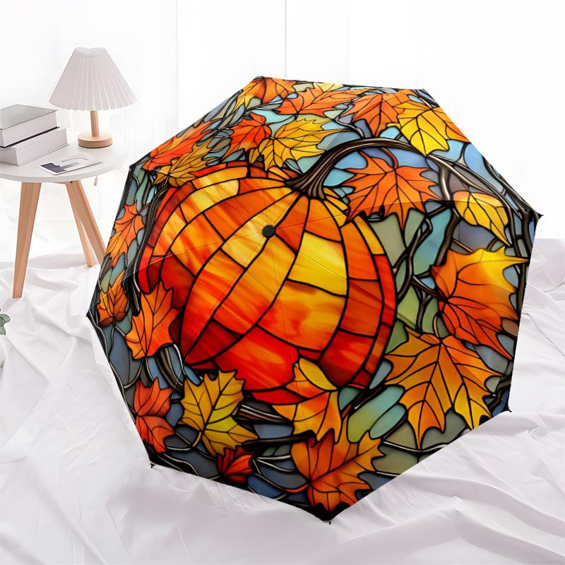 1pc Autumn Leaves Pumpkin Auto Folding Umbrella, Sturdy And Durable Automatic Folding Umbrella with 8 Ribs, Convenient for Outdoor Use125