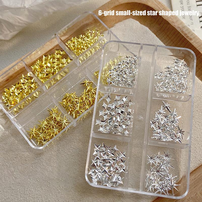 6-Piece Metal Gold & Silver Rhinestone Nail Art Accessories Flat-Back Starburst & Five-Pointed Star Gemstone Embellishments