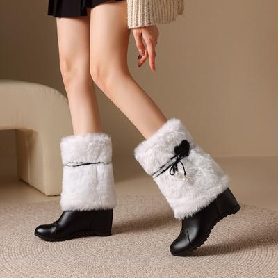 Fashion Plush Boots Black Leather Round Toe Increased Height Inside Mid Length Boots New 6cm Women's Winter Short Boots 35-43