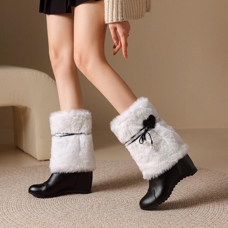 Fashion Plush Boots Black Leather Round Toe Increased Height Inside Mid Length Boots New 6cm Women's Winter Short Boots 35-43