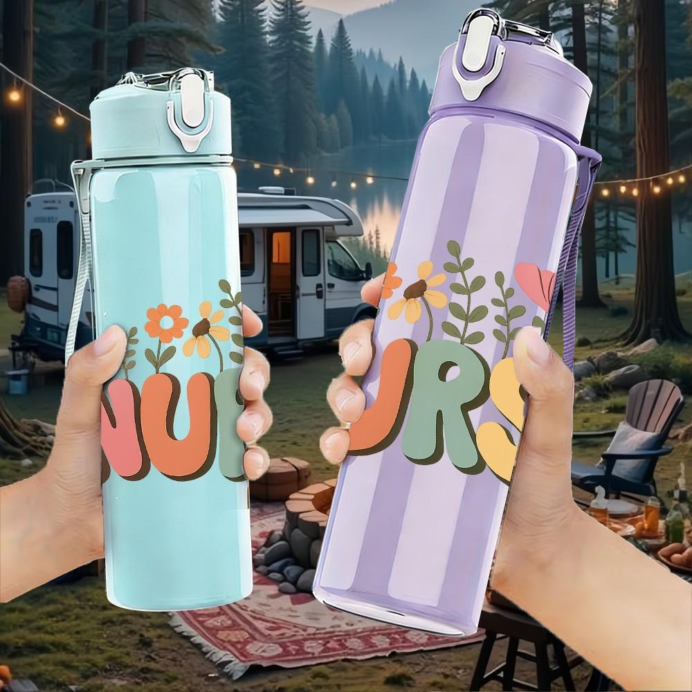 1PC Nurse Floral Letter Graphic 750ml Color Plastic Sports Water Bottle Leakproof Flip Straw Lid For Sports Office Home Use