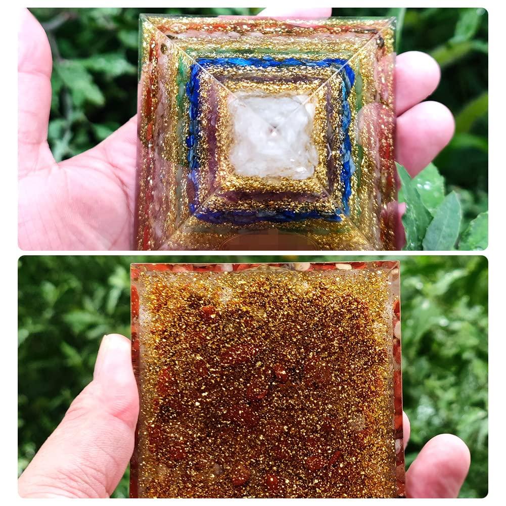 HIGHAWK Orgonite Pyramid with Chakra, Natural Stones, Gold Leaf, Energy, Seven Crystal Stones, Healing, Meditation, and Power Stones (8cm)