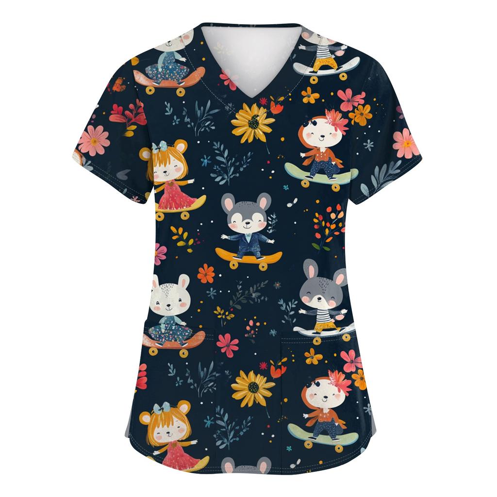 Women's Fashion Printed Short Sleeve V-Neck Top Small Pocket Work T-Shirt