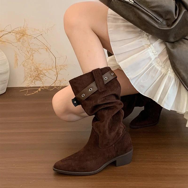 Vintage Pleated Women Western Cowboy Boots Fashion Pointed Toe Thick Heels Ladies Mid Calf Booties