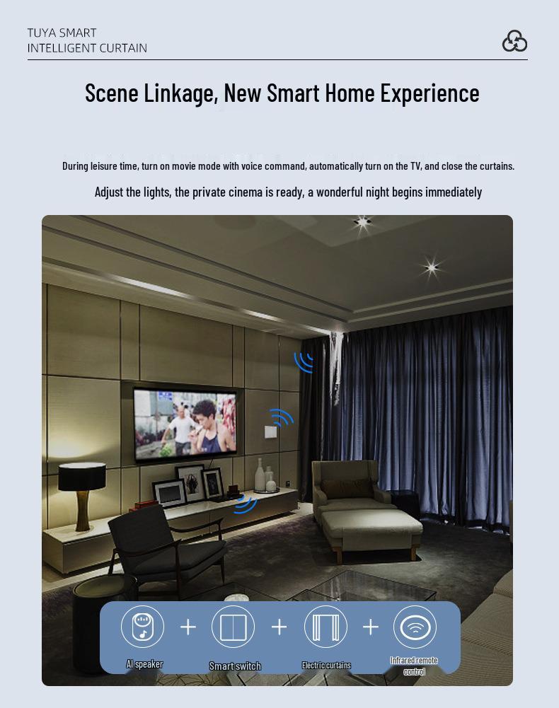 Smart Electric Curtain Motor with Silent Track, featuring Tuya WiFi, ZigBee, and Voice Remote Control.