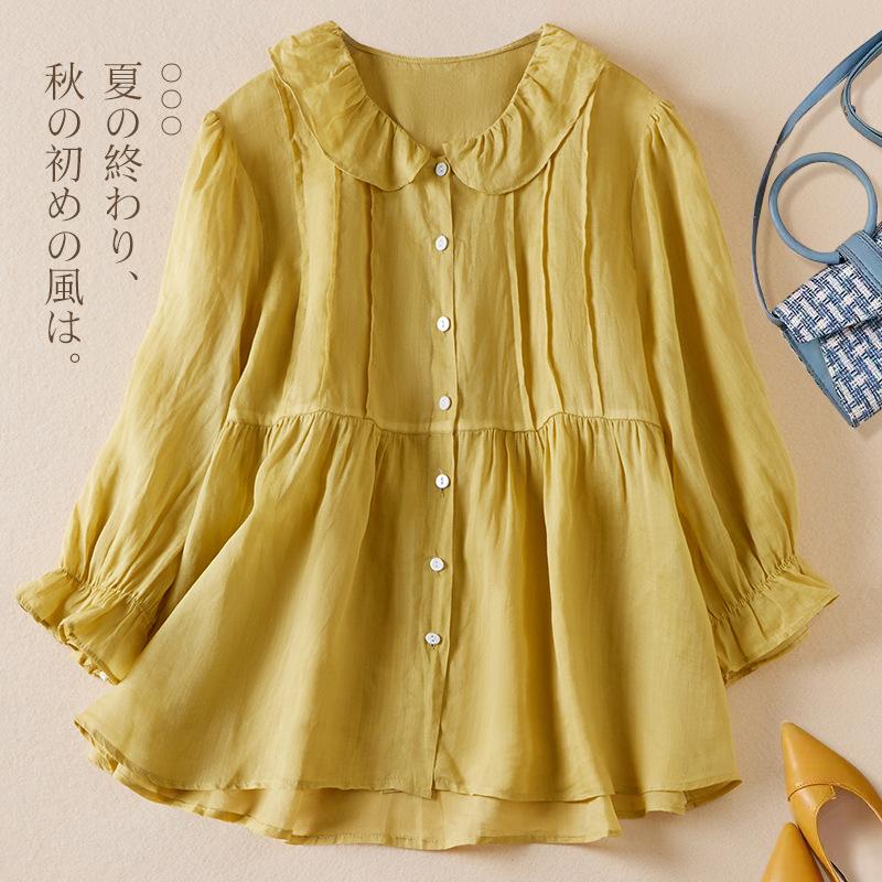 Summer Loose Solid Doll Neck 3/4 Sleeve Cotton Linen Shirt Women's Blouse