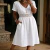 European and American Women's Clothing Summer New Lace Splicing V-neck Short-sleeved Waist Cotton and Linen Dress