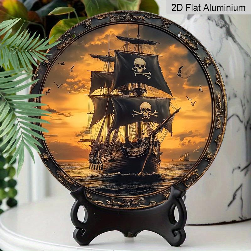 2D Flat, 1pc Vintage Pirate Ship Wall Decor - Round Aluminum Metal Nautical Sign, Jolly Roger Skull & Crossbones Wall Plaque, Suitable for Home, Bar