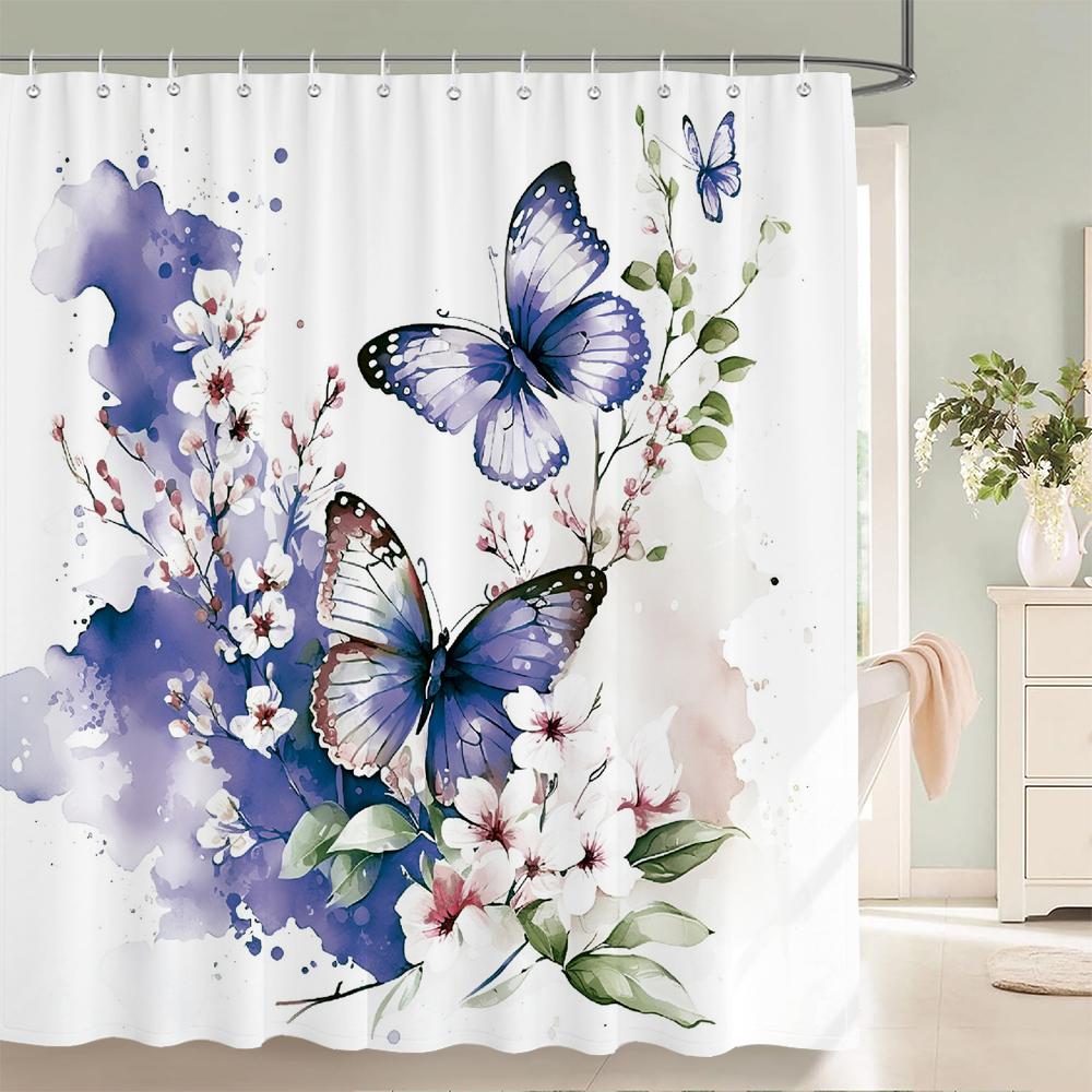 Beautiful Butterfly Shower Curtains Waterproof Fabric Floral Bath Curtains For Bathroom Bathtub Bathing Cover With Hooks