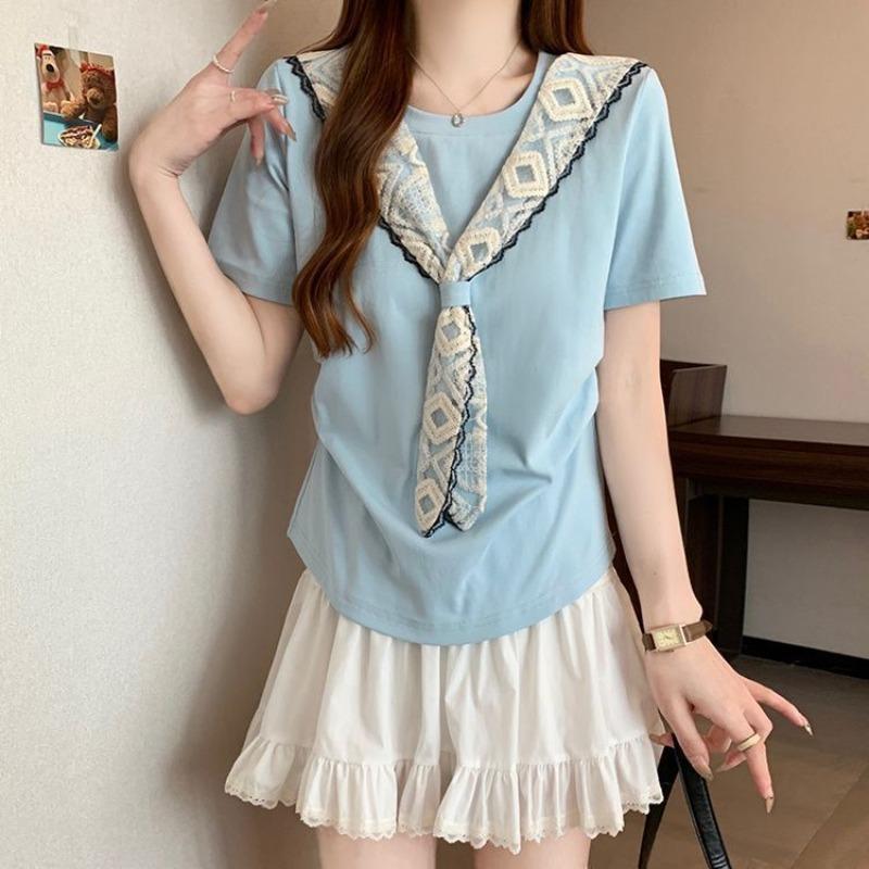 

Women s Shawl Design T-shirt Solid Color Round Neck Lace Patchwork Famale Loose T-shirts Summer Casual Fashionable Ladies Top M синий