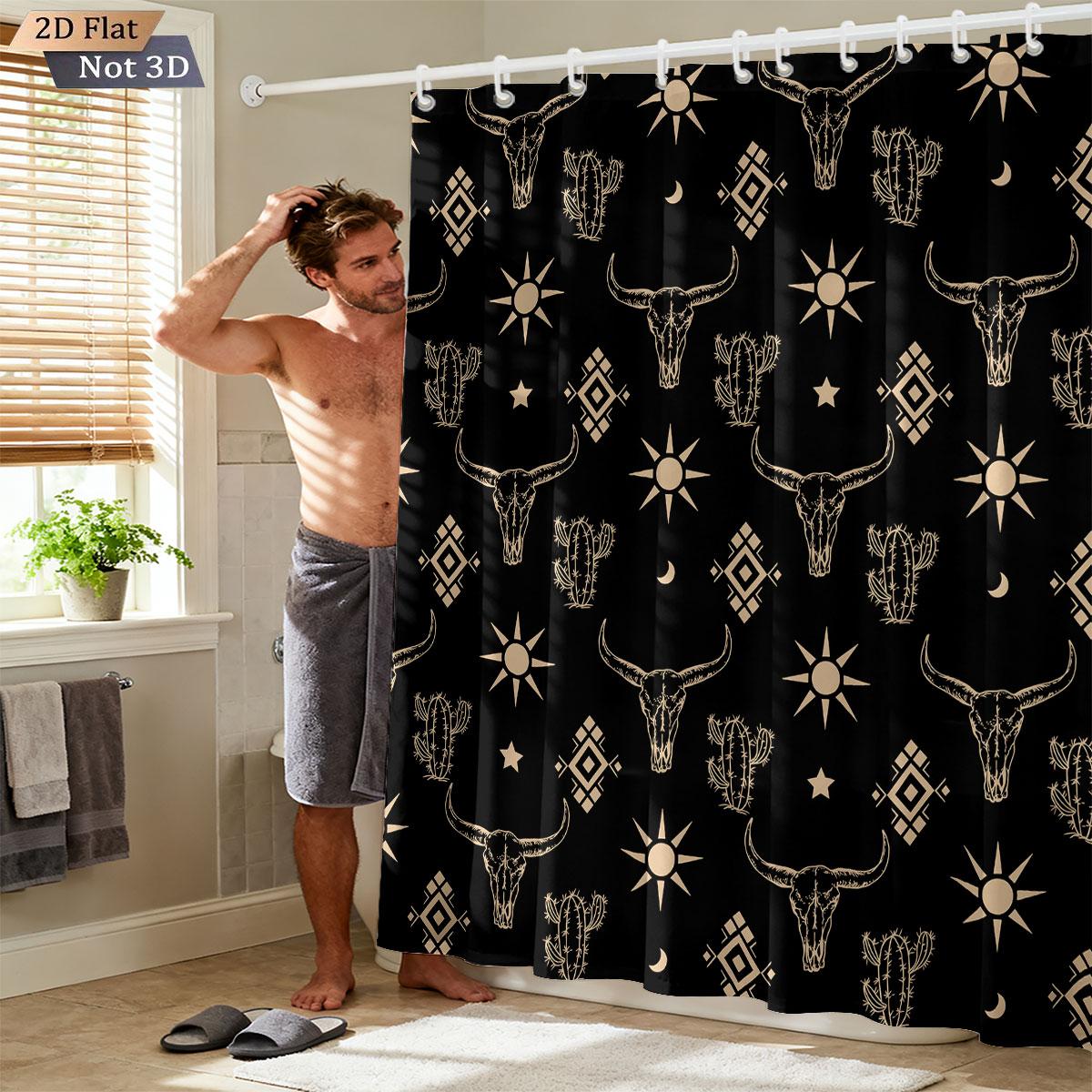 

1 Piece Retro Horn Print Waterproof Shower Curtain Partition Privacy Hanging Curtain With 12 Hooks In Multiple Sizes W60H190(CM)-1 Pcs