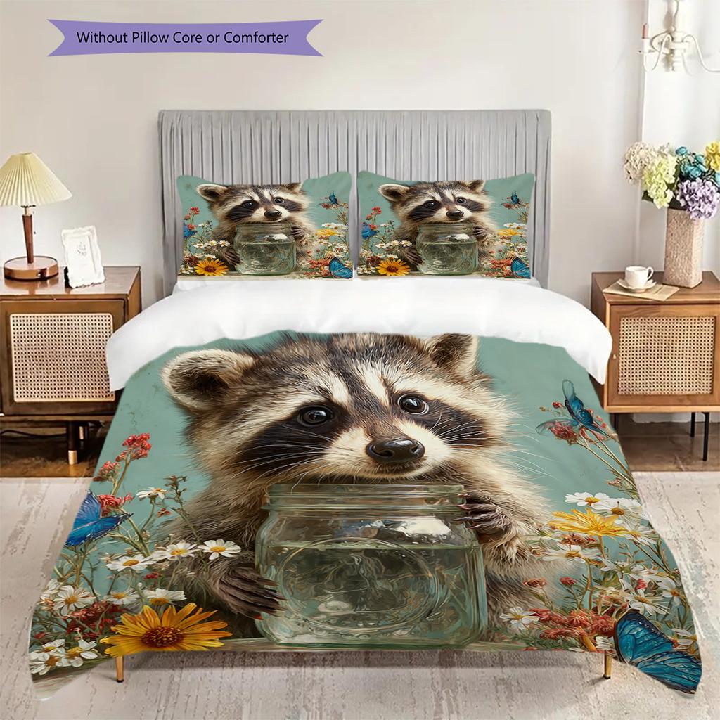 Raccoon Pattern Bedding Quilt Set Quilt Cover Pillowcase Home Decoration Birthday Gift (1 * duvet cover + 2 * pillowcase, without core)