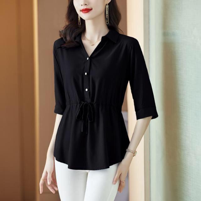 Top Estivo a Mezza Manica con Cinturino in Vita Larga, Camicia Corta a Manica Larga in Chiffon da Donna