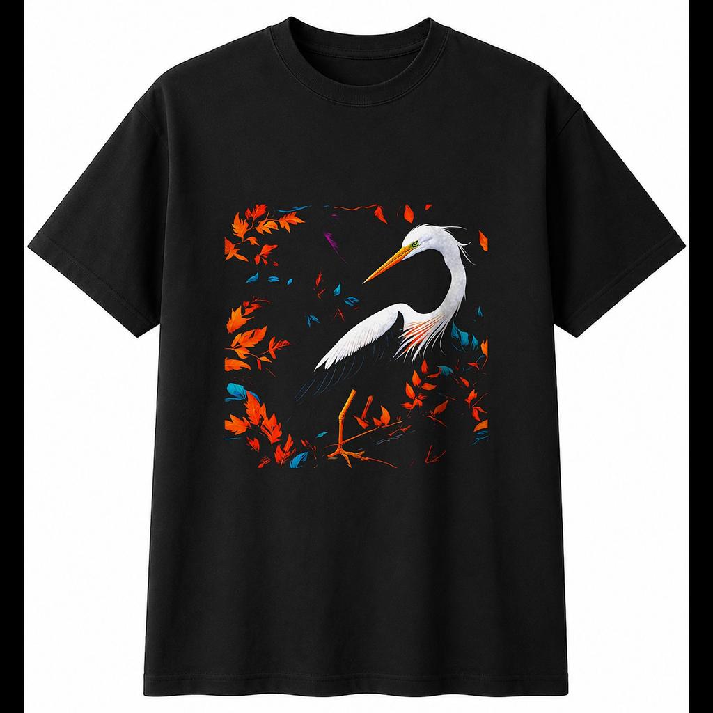 Neon Egret in Nature Bird Mens T-Shirt Black 100% Cotton Ornithology Graphic Tee