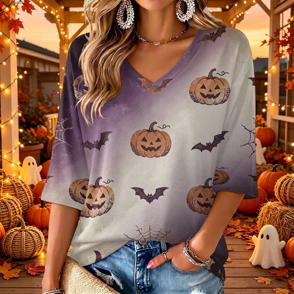 Women's V-Neck Three-Quarter Sleeve Casual Top with Halloween Print for Holiday Parties and Everyday Wear