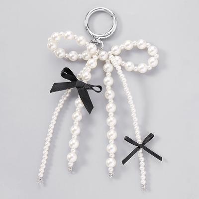 1 Piece Y2K Aesthetic Keyring Korean Sweet Pearl Black Ribbon Bow Keychain For Girls Bag Pendant Accessories