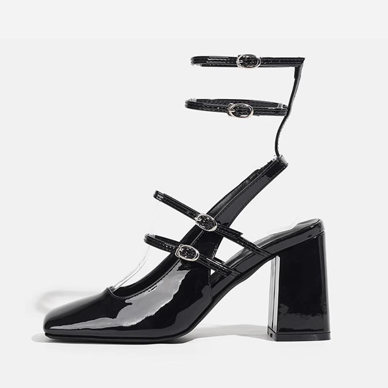 

Fashion Fashion Patent leather Slingbacks Mary Janes Women pumps Spring Summer Ankle strap buckle Thick High heels Chunky Shoes Girls 35 чёрный