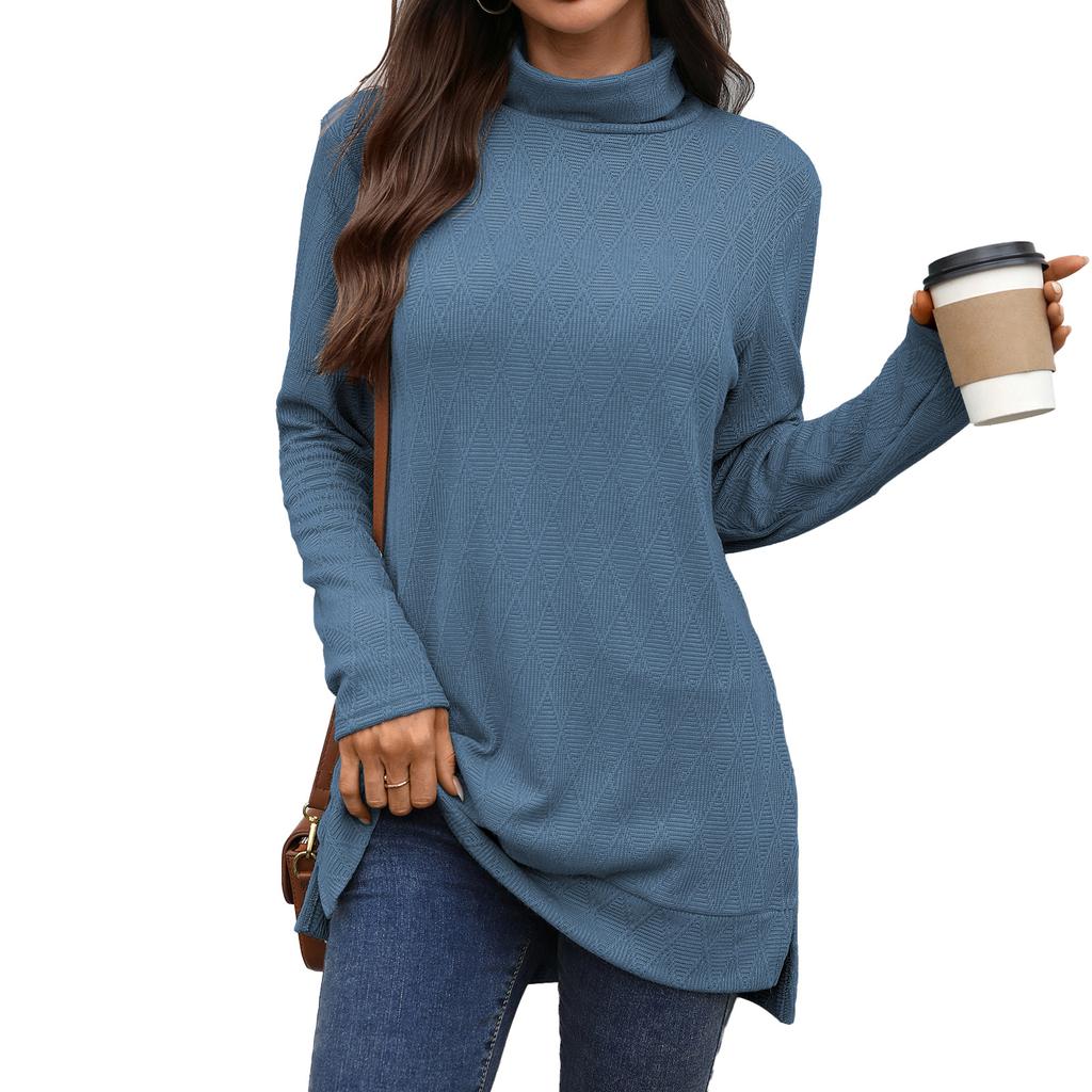 New Solid-color High-neck Loose Long-sleeved Slit T-shirt Top for Women In Autumn and Winter