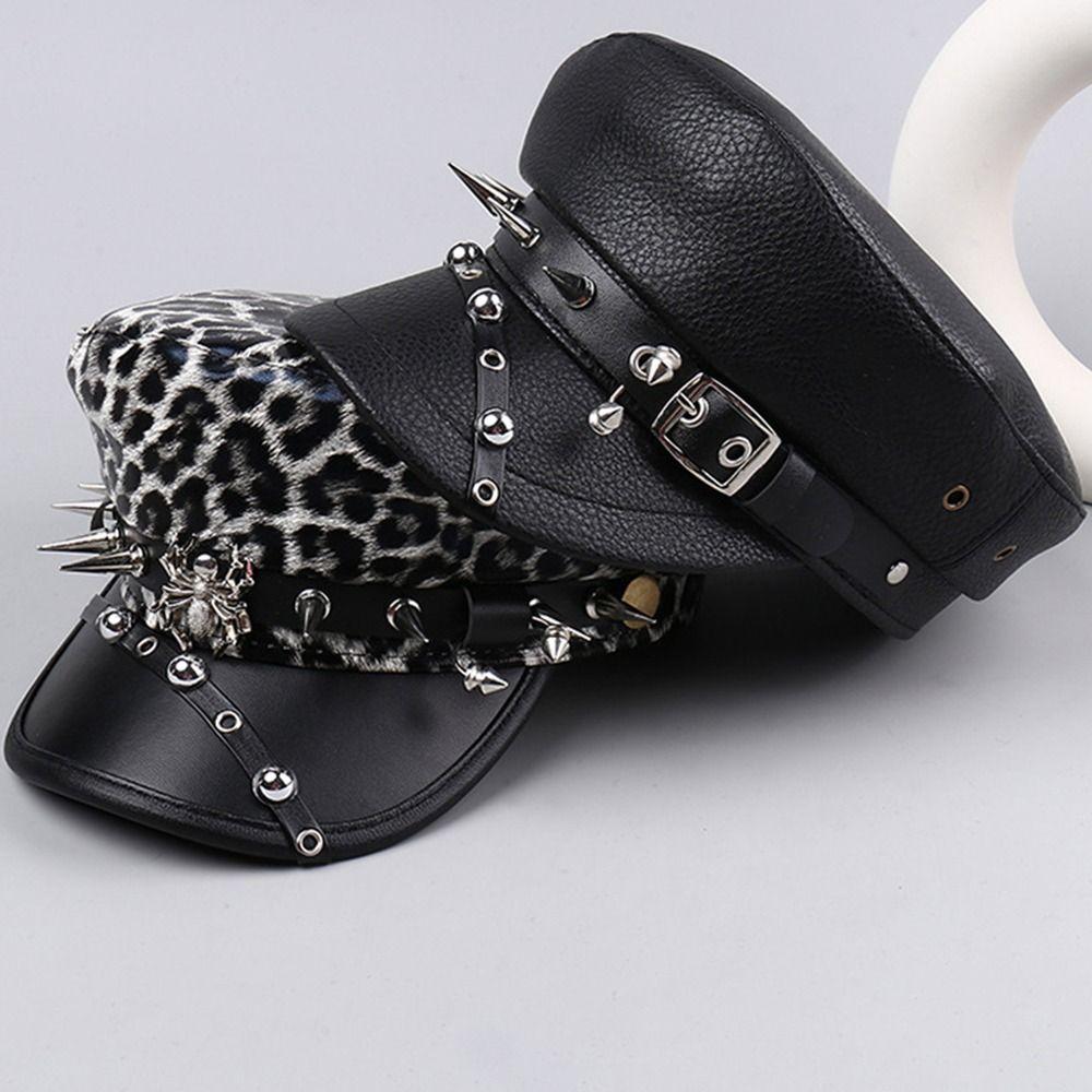 Spider Hoop Riveted Flat Top Cap Spice Girl Style PU Leather Captain Caps New Newsboy Hat