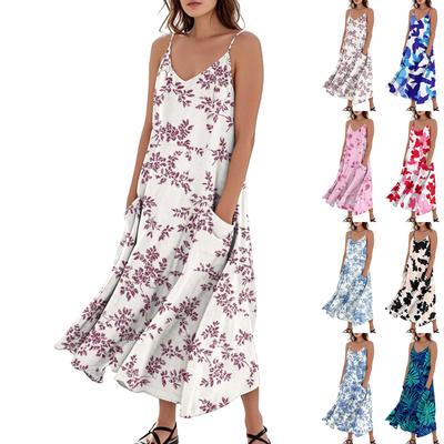 Moda Feminina Casual Estampa Floral Sem Mangas Bolso Vestido Longo de Praia
