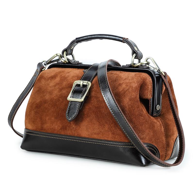Black Angel Glossy Cowhide Suede Women s Doctor Handbag - Genuine Leather Two-way Crossbody Bag кофейный