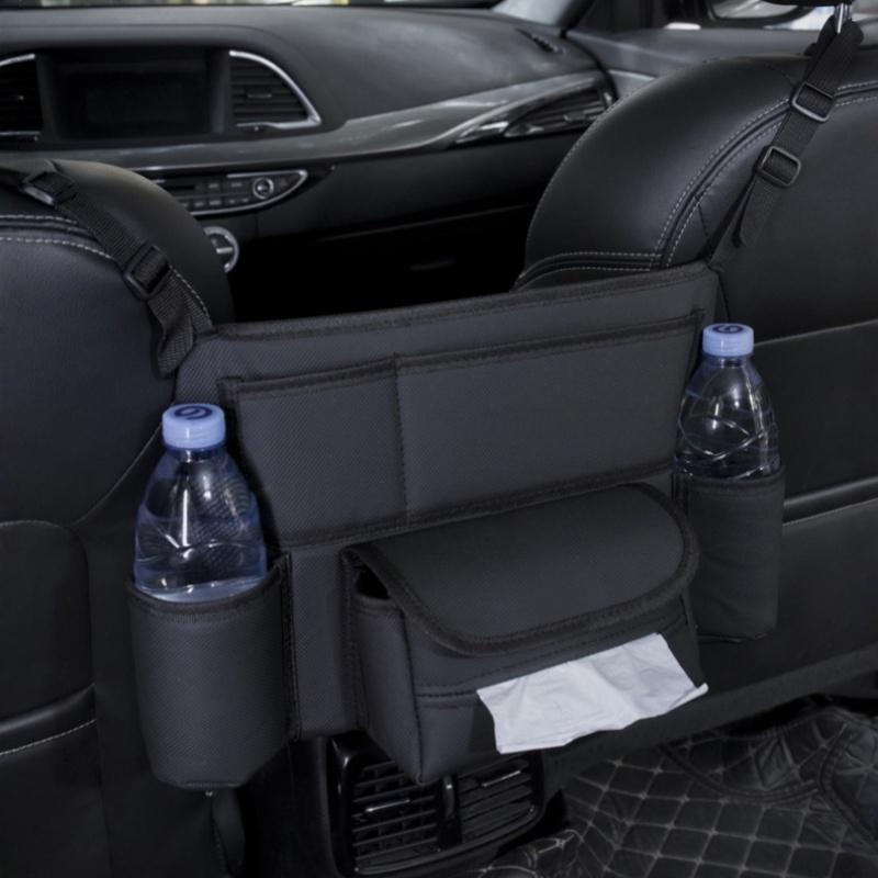 1pc PU Leather Car Seat Storage Bag with Cup Holder, Front Storage & Side Pocket Universal Car Armrest Box Storage Hanging Bag