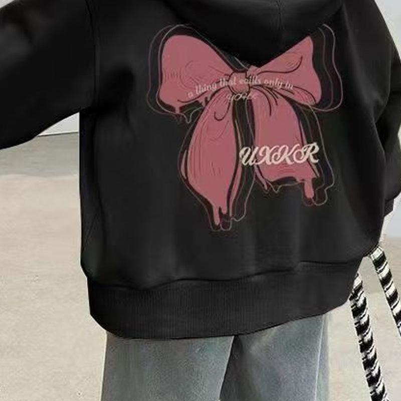 Dziewczęce kurtki wiosenne z kapturem Dziecięcy płaszcz z nadrukiem kokardki 2025 Modna odzież wierzchnia jesienna dla dzieci Nastolatki Bluzy z długim rękawem Ubrania