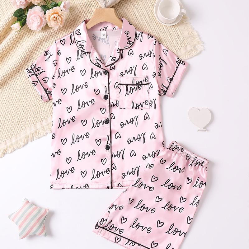 Children's Satin Print Pajama Set - Summer Short Sleeve & Shorts for Girls