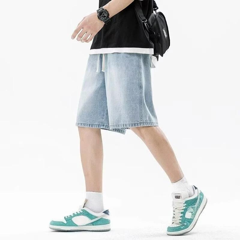 Men Casual Denim Shorts Male Elastic Waist Straight Leg Comfortable Light Blue Soft Short Pants Baggy Wide Leg Jeans
