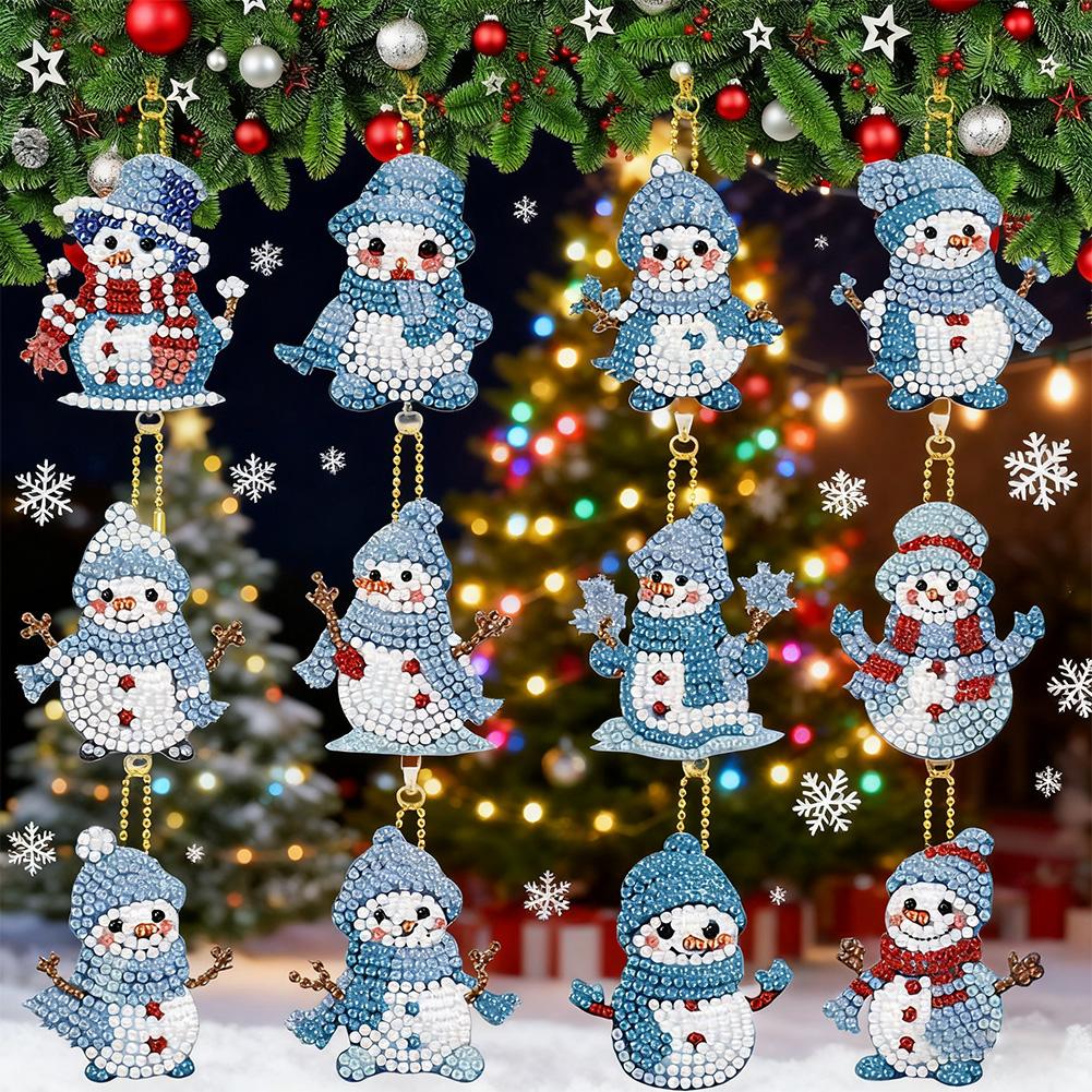 12PCS diamond-painted DIY Christmas handicrafts, penguin and snowman key chain sets, suitable for decoration and gifting