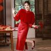 Red Lace Velvet Autumn and Winter Clothing National Style New Chinese Long-sleeved Improved Cheongsam Winter Thick Female Bride Toasting Clothes
