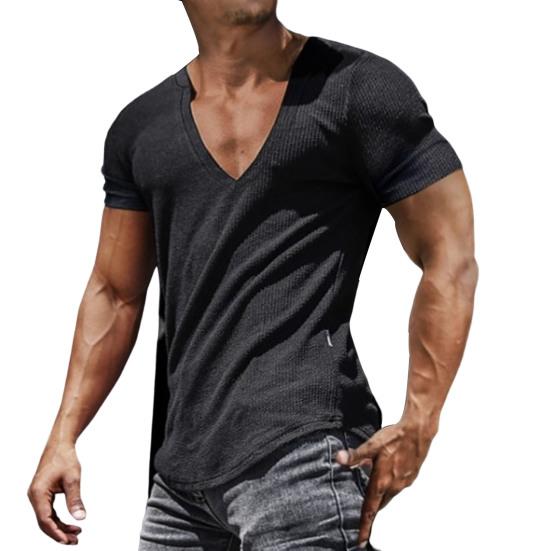 

Men Shirt V-Neck Solid Color Breathable Sweat Absorption Quick Dry Dress-up Washable Summer Men Sports T-Shirt Pullover Top for Men 2XL чёрный