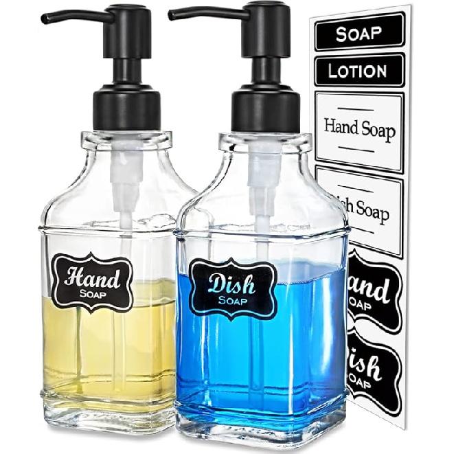 JASAI 2Pack Antique Design Glass Soap Dispenser with Rust Proof 304 Stainless Steel Pump, Refillable Hand Soap Dispenser with 10Pcs Stickers, Premium