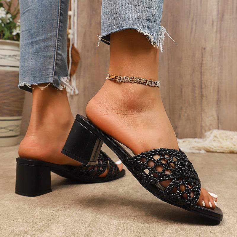 Fashion Weave Women High Heels Women Slippers Fashion Square Toe Hollow Chunky Shoes 2025 Summer Sandals New Casual Flip Flops Sandalias