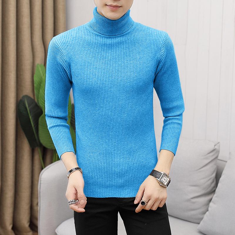 Men's Solid Color High Neck Slim Fit Striped Knit Sweater