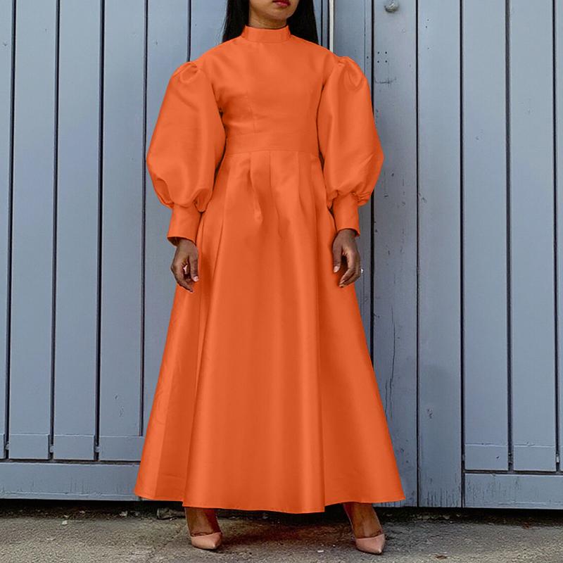 Elegant Women Stand Neck Puff Long Sleeve Casual Long Maxi Swing Dress