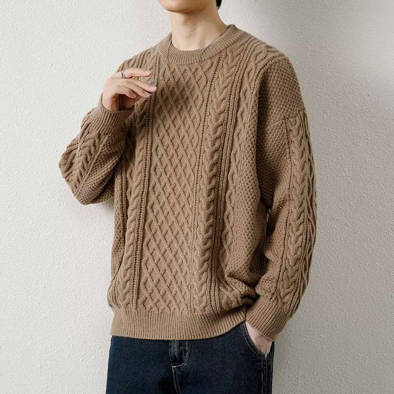 Men's Retro Cable Knit Sweater - Round Neck, Loose Fit, Trendy Autumn/Winter Woolen Knitwear for Teens
