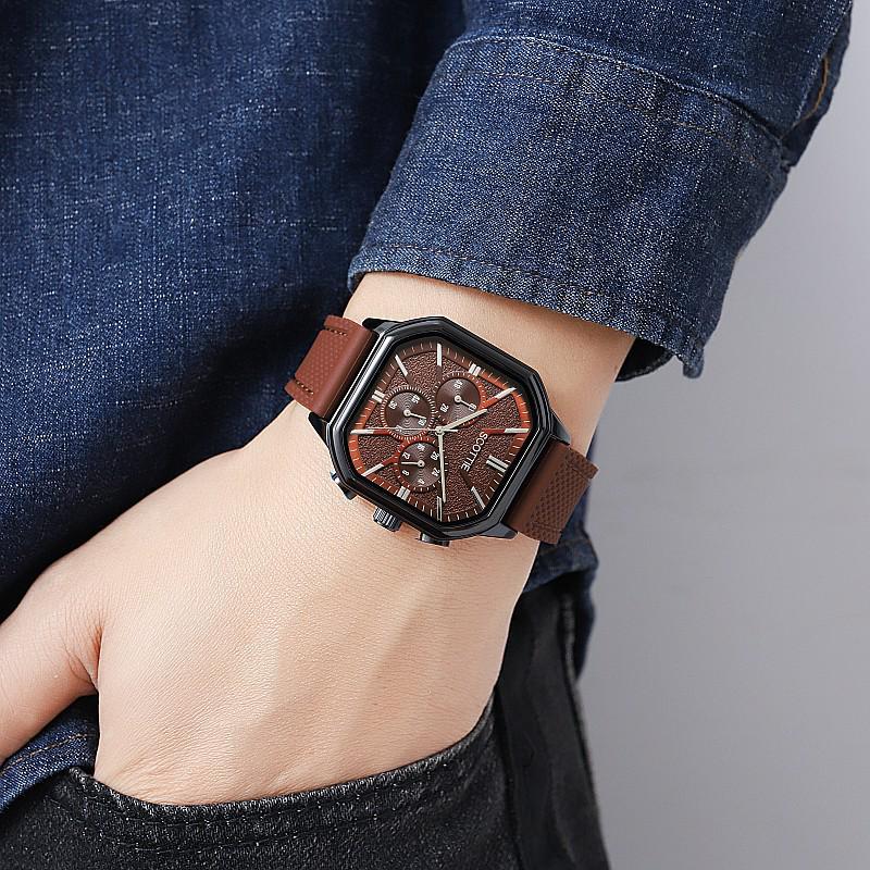 Deri Kayışlı ve Çok Fonksiyonlu Üç Gözlü Tasarımlı Trend Erkek Büyük Kadran Kare Saat