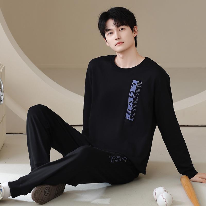 Pajamas men's autumn long-sleeved pure cotton fashion letters men's casual sports cotton loungewear suit can be worn outside