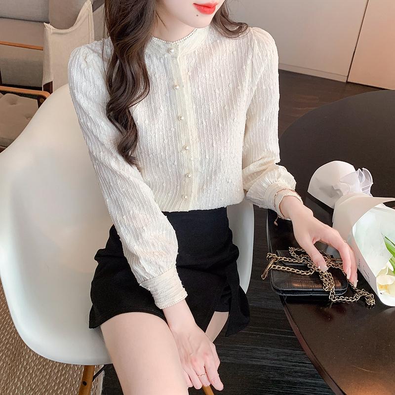 

Элегантная женская рубашка, весна-осень, новинка, ретро-стойка, кружево с жемчугом, на пуговицах, женская блузка, свободные модные милые топы больших размеров для женской одежды 24454 2XL абрикосовый