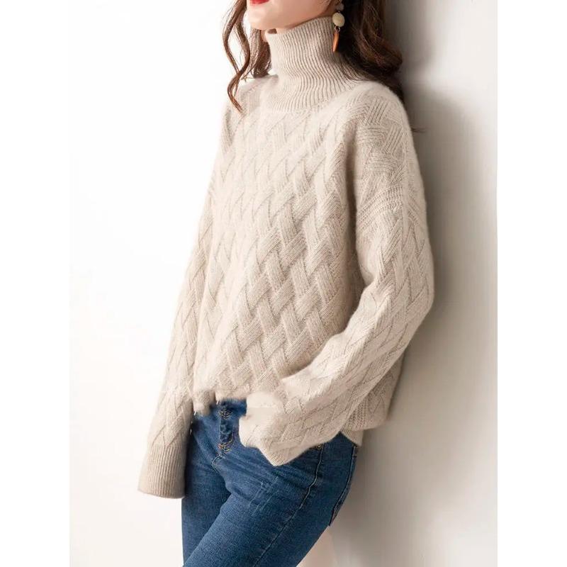 Women Casual Chic Loose Cashmere Sweater Autumn Winter Oversize Thick Long Sleeve Turtleneck Warm Knit Pullovers
