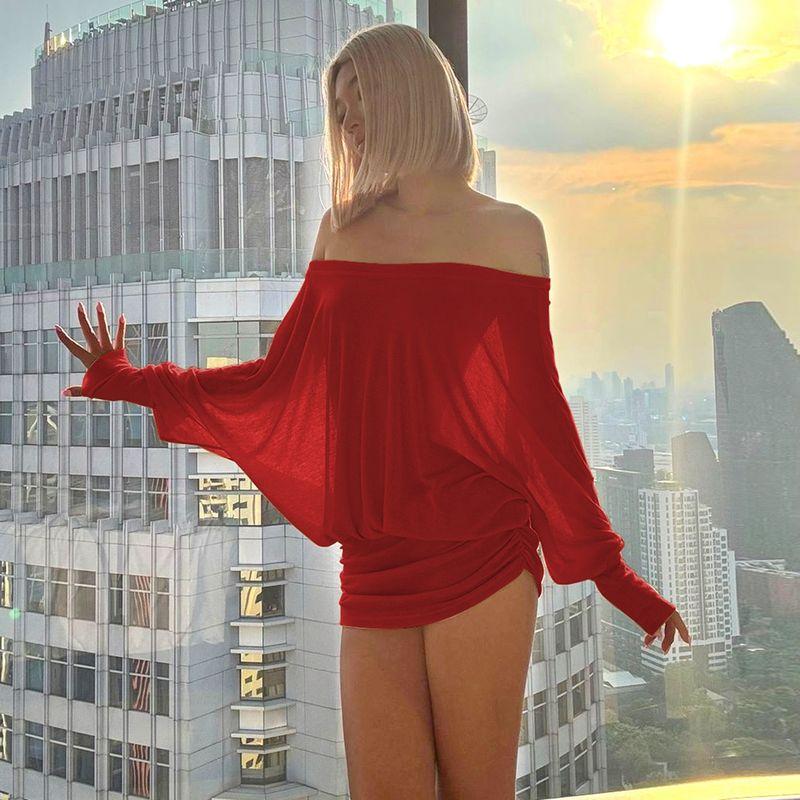

Gusty Fashion Ins Fashion Sexy Sexy off-the-Shoulder Draping Effect Bodycon Dress Sweet and Spicy Chic Pure Desire Dress Red S