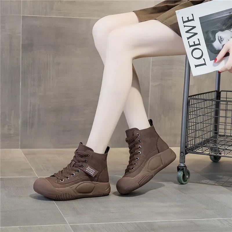 Dámské kotníkové boty Zimní Nové šněrovací Pravá kůže Kulatá špička Ležérní Silná podrážka Protiskluzové Dámské plyšové boty De Mujer