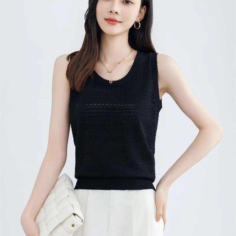 WTEMPO Hollow-out O-Neck Large Size Solid Color Casual Camisole Vests Women's Spring Summer Sleeveless Knitted Tank Tops