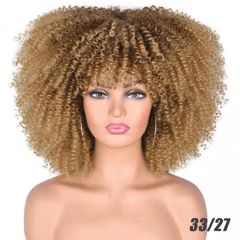 Kurze Afro-Perücke mit verworrenen Locken und Pony für schwarze Frauen, Cosplay, Lolita, synthetische, natürliche, leimlose, braune, gemischte blonde Perücken brown