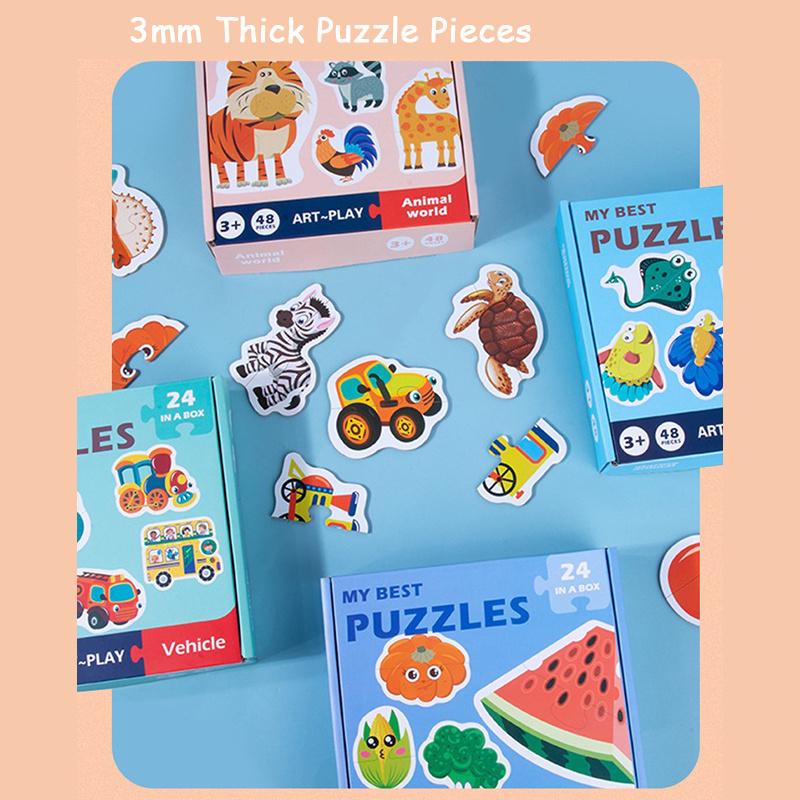 2-Piece Matching Puzzle Board With Cartoon Animal & Vehicle Designs - Educational Preschool Toy For Toddlers