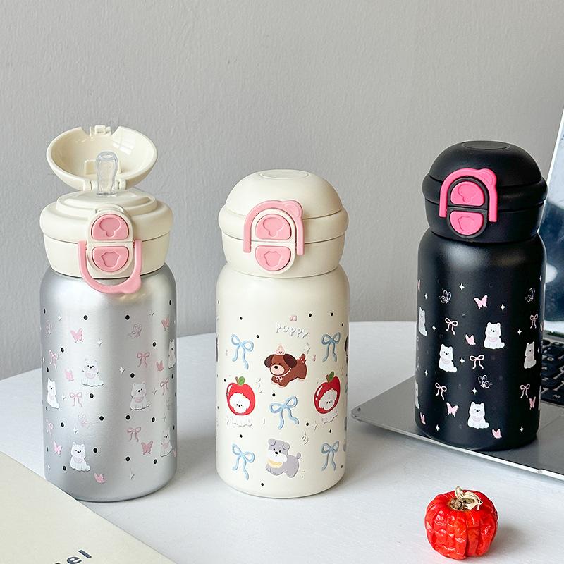 Cartoon cute double drink thermos cup portable elastic cover straw water cup boys and girls planet cat stainless steel