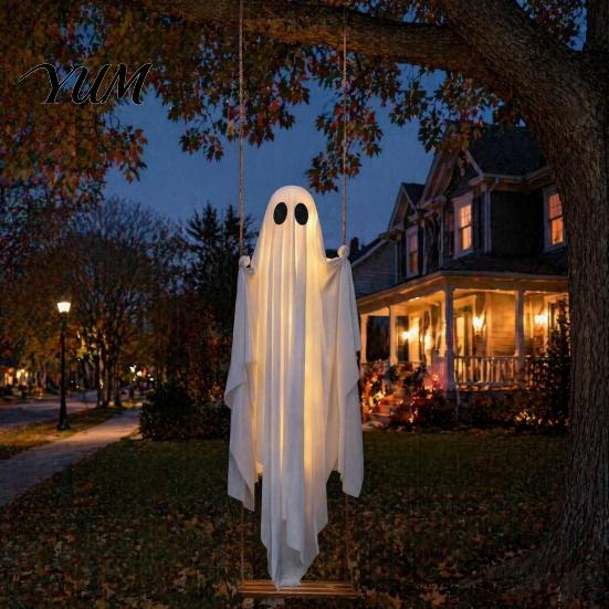 Party-Requisiten für festliche Atmosphäre Große hängende Schaukel Geist Halloween-Dekoration mit Fernbedienung und Schnur Gartenornament Warme Lichter